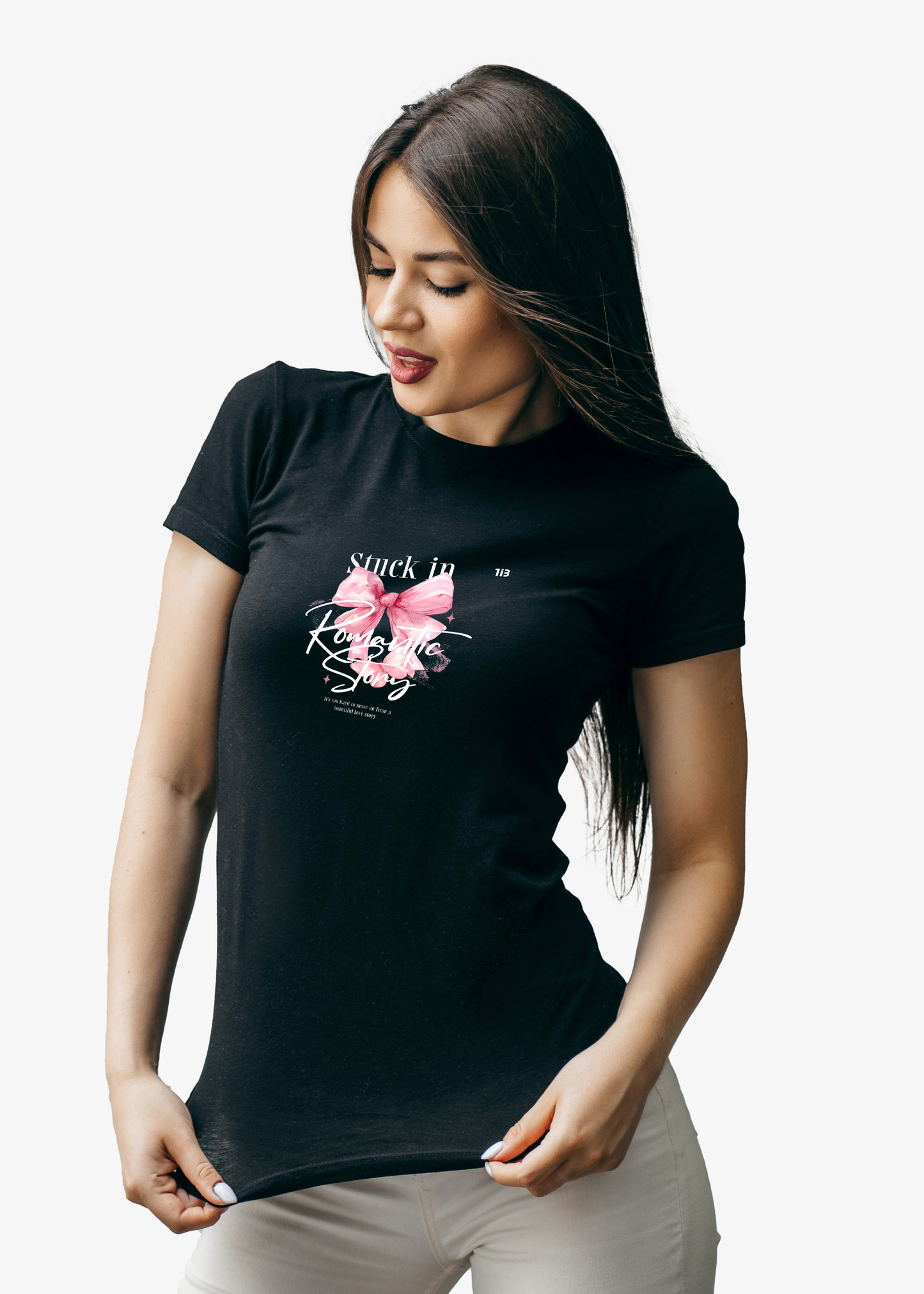 Stuck In Romantic Story: Black T-Shirt for Women