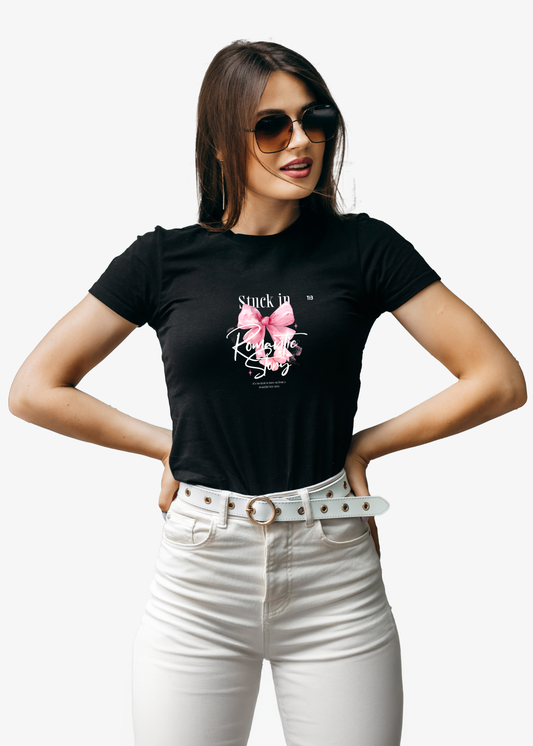 Stuck In Romantic Story: Black T-Shirt for Women